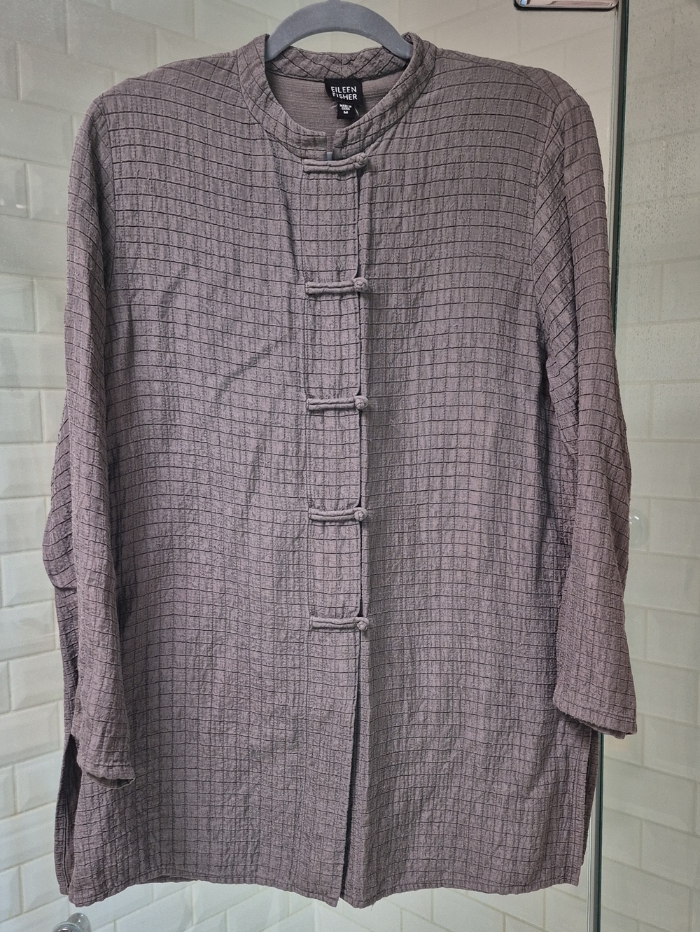 Eileen Fisher Steel Grey Silk & Linen Tunic Frog Closure Banded Collar Sz M